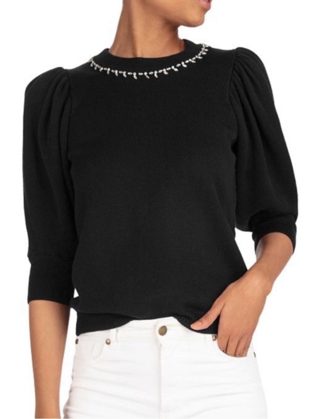ba&sh Nea Short Sleeve Puff Sleeve Sequin Trim in Black, Size 1 (Small)